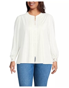 Плюс сайз легкая трикотажная блуза с длинным рукавом и застежкой на пуговицы с защипами спереди, слоновая кость/кремовый Lands' end