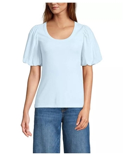 Женский топ с драпированным ребристым рукавом-фонариком и круглым вырезом, синий Lands' end