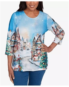 Женский классический топ с круглым вырезом и декоративным принтом "Зимняя деревня в заснеженной хижине", синий Alfred dunner