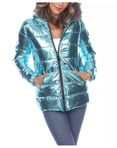 Женская металлизированная пуховая куртка с капюшоном, зеленый White mark