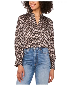 Женская блуза с принтом, разрезным воротником и широкими манжетами, коричневый Vince camuto