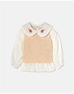 Жилетоподобный джемпер с рукавами и воротником из плоской ткани с принтом для девочки, экрю Kids el corte inglés