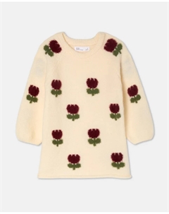 Вязаное платье с принтом по всей поверхности и интарсией с тюльпанами для девочки, белый Kids el corte inglés