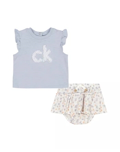Комплект для девочек: футболка с логотипом в виде розетки и юбка-подгузник из пеленочной сетки (2 предмета) Calvin klein