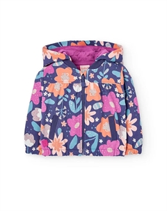 Детская флисовая куртка с капюшоном на кнопках и цветочным принтом, темно-синий/розовый Boboli