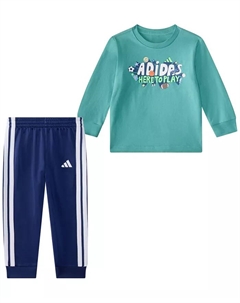 Комплект для мальчиков: футболка с длинным рукавом и принтом и джоггеры, синий Adidas