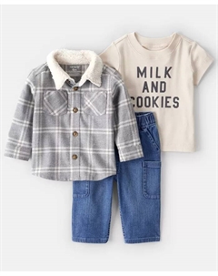 Мальчиковый комплект из 3 предметов: клетчатая рубашка-куртка с длинным рукавом, футболка и брюки, мультиколор Carter`s