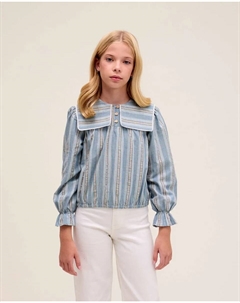 Детская блузка в полоску с квадратным воланчиком на воротнике, синий/белый Dadati