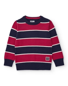 Свитер в полоску для мальчика темно-синего и красного цвета с декоративным нашивкой Tuc tuc