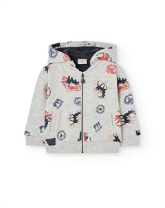 Детская плюшевая куртка с капюшоном и принтом, светло-серый Boboli