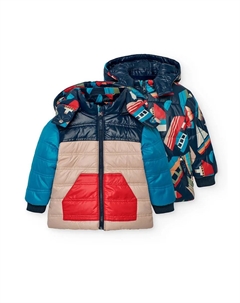 Детский пуховик с принтом и съемным капюшоном, синий/бежевый Boboli