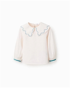 Детская блузка для девочки с длинными рукавами из поплина с вышитыми деталями, белый/бирюзовый Zippy