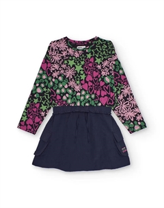 Сочетанное платье для девочки с многоцветным принтом и синей юбкой Tuc tuc