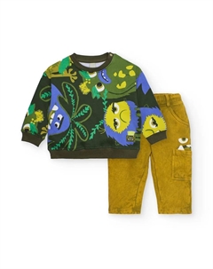 Комплект для мальчика с толстовкой с забавными рисунками и горчичными штанами, зеленый Tuc tuc