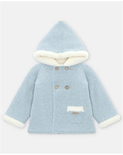 Вязаное детское пальто с капюшоном и меховой подкладкой серо-голубого цвета Martin aranda