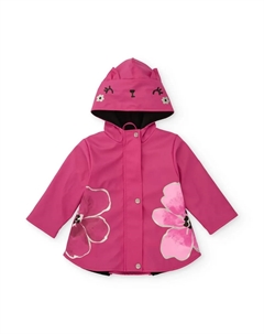 Детский плащ-дождевик фуксиевого цвета с декоративным капюшоном и большими цветами Tuc tuc