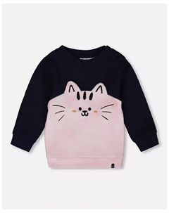 Длинный топ для девочек из двух материалов темно-синий с кошкой Deux par deux