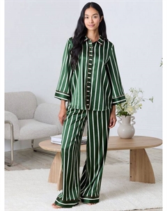 Полосатый сатиновый пижамный комплект с пуговицами, Khaki Chelsea peers