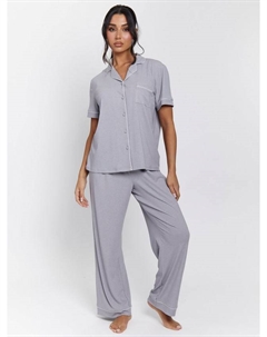 Рибленый классический комплект пижамы с длинными рукавами, Silver Loungeable