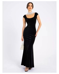 Женское платье Rachel Black из черного бархата с жемчужными украшениями Miss circle