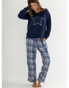 Логотип свитшот уютный клетчатый пижамный комплект, Steel Blue/Navy Pour moi