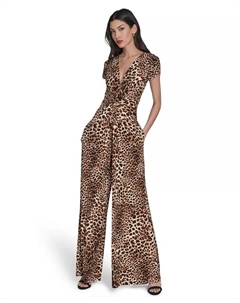 Женский комбинезон с принтом и запахом на поясе с широкими штанинами, коричневый Vince camuto