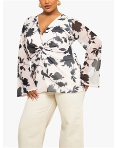 Топ с цветочным принтом и сетчатой вставкой спереди, Beige/Multi Fashion-szn curve