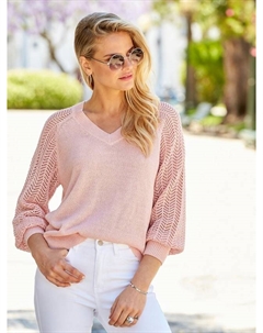 Пуловер с воротником V-образной формы и ажурными рукавами, Pink Sosandar