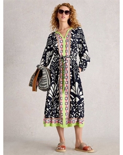 Лив платье миди с поясом на талии, Navy/Multi White stuff