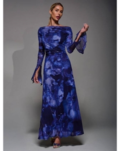 Платье макси с длинными рукавами и асимметричным вырезом, Blue Abstract Jolie moi