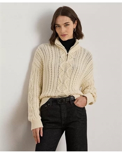 Женская аранская вязка хлопковая пуловер с четвертью молнией, белый Lauren ralph lauren