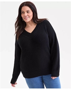 Свитер с V-образным вырезом и декоративной строчкой Plus Size, черный Style & co.