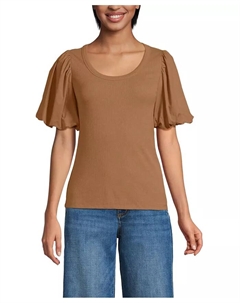 Женский топ с драпированным ребристым рукавом-фонариком и круглым вырезом, загар/бежевый Lands' end