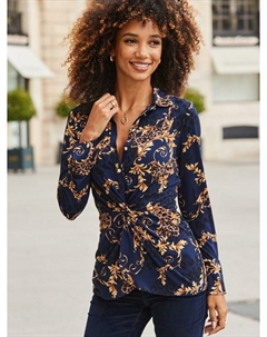 Блузка с барочным принтом и скрученным передом, Navy Blue Sosandar