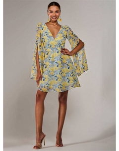 Флоральное платье мини с разрезными рукавами из шифона, Yellow Jolie moi