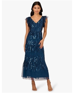 Платье с бисерной сеткой в несколько ярусов, Mid Blue Adrianna papell