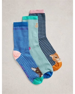 Кошачьи носки до щиколотки, Pack of 3, Blue/Multi White stuff