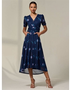 Платье миди с цветочным принтом и сборками для миниатюрных, Navy Floral Jolie moi