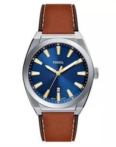 Мужские часы Everett Three-Hand Date с коричневым кожаным ремешком, 42 мм Fossil