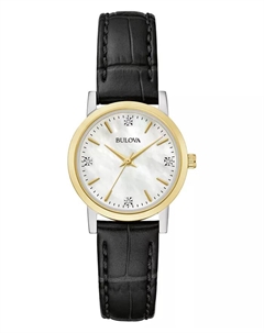 Женские часы с бриллиантовыми вставками на черном кожаном ремешке 27 мм Bulova