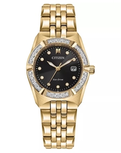 Женские часы Eco-Drive Corso Diamond (1/10 ct. общ. вес) с браслетом из позолоченной нержавеющей стали, 28 мм Citizen