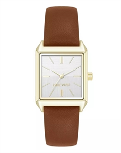 Женские часы Quartz прямоугольные с золотистым корпусом и коричневым ремешком из полиуретановой кожи, 29 мм Nine west