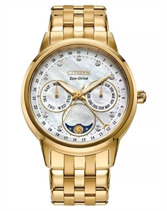 Женские часы Eco-Drive Calendrier с бриллиантовыми вставками на золотистом браслете из нержавеющей стали, 37 мм Citizen