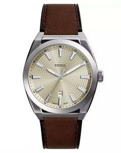 Мужские часы Everett Three-Hand Date с коричневым кожаным ремешком, 42 мм Fossil