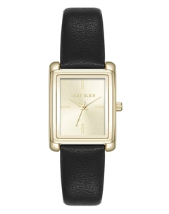 Женские часы Quartz прямоугольные, черные из искусственной кожи с металлическим корпусом золотистого тона, 24 мм Anne klein