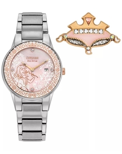 Женские часы-браслет Eco-Drive Disney Princess "Спящая красавица" Аврора с эмалевым циферблатом, корпус из нержавеющей стали, 30 мм, подарочный набор Citizen
