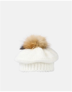 Вязаный берет светлого цвета с помпоном из натурального меха Navarro®