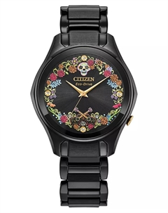 Женские часы Eco-Drive Disney Pixar Coco Sugar Skull на стальном браслете с черным покрытием, 37 мм Citizen