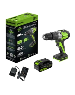 Дрель-шуруповерт ударная аккумуляторная GD24DD60, 24V, бесщеточная, 1х4Ач,ЗУ (3704107CUB) Greenworks
