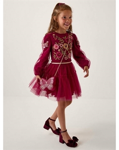 Детское платье с тюлевыми рюшами для дискотеки, Burgundy Monsoon